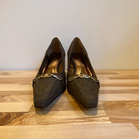 Etienne Aigner Brown Designer Patterned Kitten Heels tan brown gold bow Size 5.5 - Picture 4 of 16